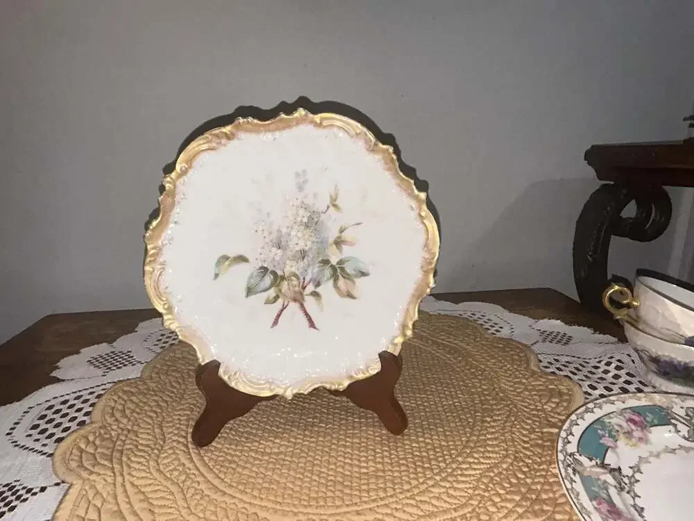 Antique French Porcelain Decorative Plate Hand Painted Lilac Floral Gilded Edge